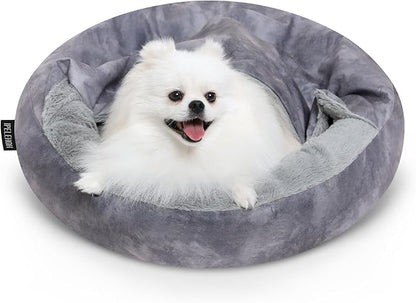 Cozy Soft Dog Bed with Hooded Blanket Warm Calming Cat Cave for Small Medium Dogs and Cats, Non-Slip Bottom & Machine Washable Pet Beds, Grey 23x23x6″