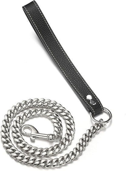 3FT/4FT/5FT Heavy Duty Silver Dog Chain Leash 14MM Stainless Steel Miami Cuban Link Chain with Durable Genuine Leather Handle for Training Walking(14mm,5ft)…