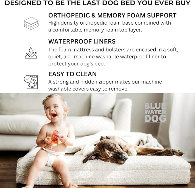 Bluewater Dog Luxury Boucle Orthopedic Memory Foam Dog Bed with Waterproof Liner and Machine Washable Cover with YKK Zippers (Large, 45" L x 36" W x 7" Th, Sand)