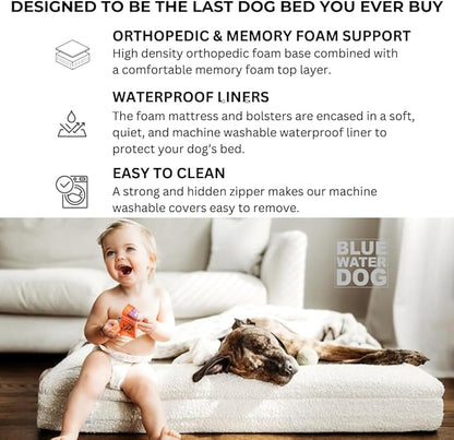 Bluewater Dog Luxury Boucle Orthopedic Memory Foam Dog Bed with Waterproof Liner and Machine Washable Cover with YKK Zippers (Large, 45" L x 36" W x 7" Th, Sand)
