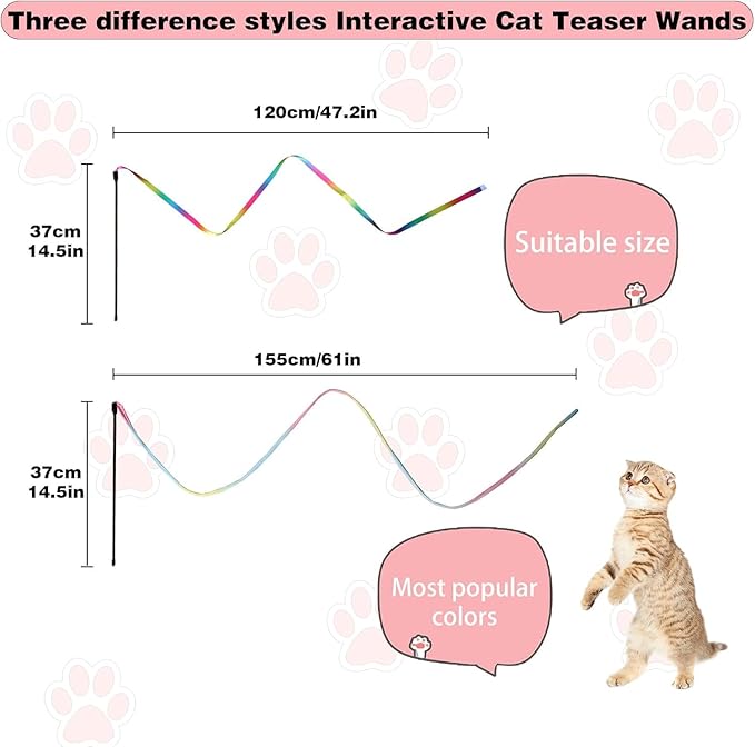 M JJYPET Cat Wand Toys Interactive Kitten Toys for Indoor Cats Colorful Teaser Wand String for Exercise Kitten Stick Kitty Rope Toy Rainbow Ribbon Cat Charmer -2Pcs
