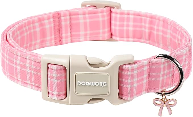 DOGWONG Pink Plaid Collar for Small Medium Large Dogs - Pink Dog Collar for Girl Female Dogs,L
