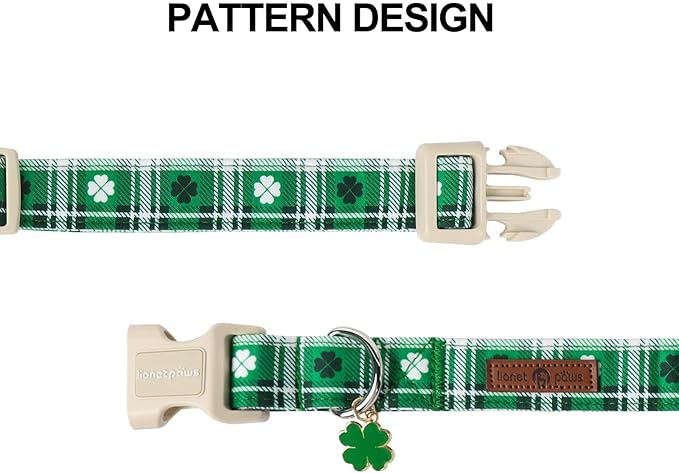 Lionet Paws St. Patrick Dog Collar, Comfortable Adjustable Green Collar with Green Clover Pattern for Medium Male Female Dogs Collars, Neck 13.5-22 inches