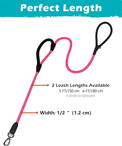 PetBonus Double Handle Rope Dog Leash, 5FT Heavy Duty Training Lead with Lockable Hook and 2 Comfortable Padded Handles, Reflective Walking Nylon Leash for Large Medium Dogs (55-200 lbs, Pink)