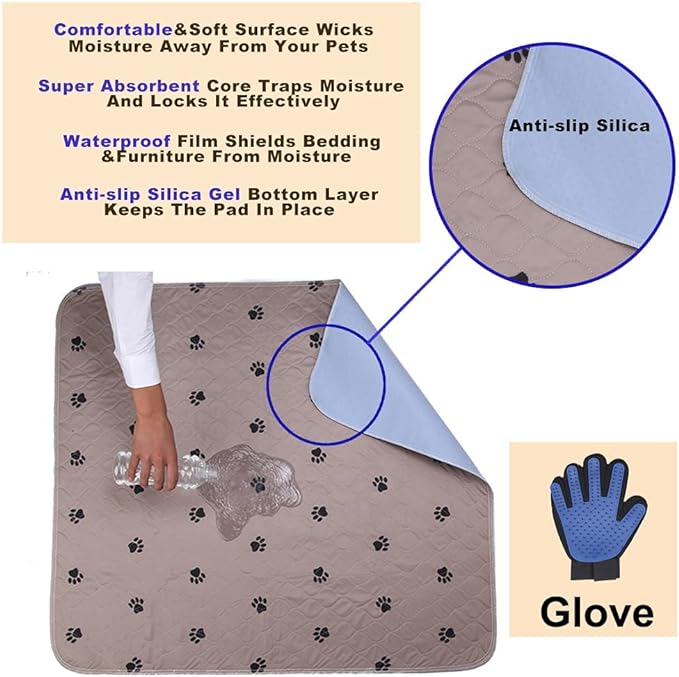 SincoPet Washable Dog Pee Pads with Puppy Grooming Gloves,Puppy Pads,Reusable Pet Training Pads,Large Dog Pee Pad,Waterproof Pet Pads for Dog Bed Mat,Super Absorbing Whelping Pads