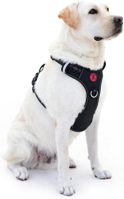 Pudiwind Black No Pull Adjustable Reflective Breathable Heavy Duty Dog Vest Harness for Medium Large Dogs with Quick Release Buckles Soft Padded Handle & Metal Front Back Clip for Walking Training, M