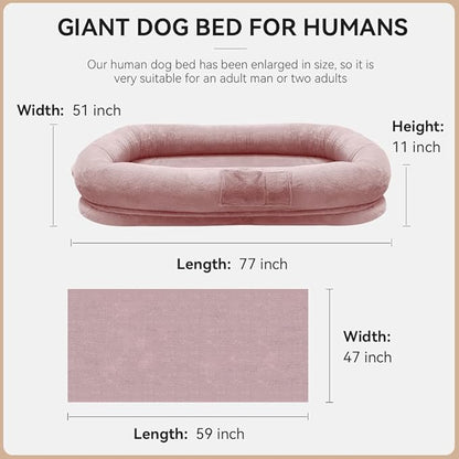 Ultra-Soft Human Size Dog Bed for People and Pets; 77”x51”x11” Extra Large Dog Bed with Raised Cushioned Rim, Removable Cover, Waterproof Lining and Bonus Blanket (77"x51"x11", Pink)
