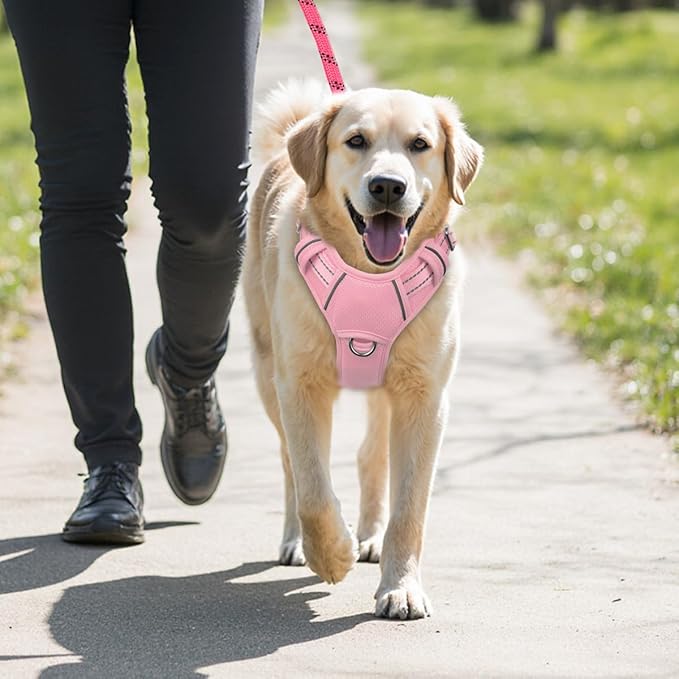 BARKBAY No Pull Dog Harness Large Reflective Dog Harness with Front Clip and Easy Control Handle for Walking Training Running with ID tag Pocket(Baby Pink,XL)