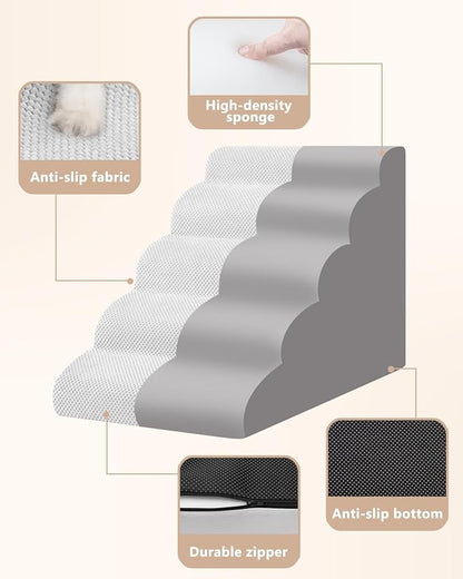 Aodisman Dog Stairs for High Bed,5 Step Dog Ramp for Small and Medium Dogs,Pet Stairs with Non-Slip Bottom for Puppy, Older Cat,Indoor Pet Steps,Comfort,Durable,22.4" H,Light Grey
