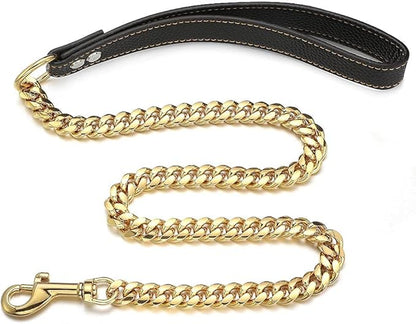 3FT/4FT/5FT Heavy Duty Gold Dog Chain Leash 14MM Stainless Steel Miami Cuban Link Chain with Durable Genuine Leather Handle for Training Walking(14mm,3ft)…