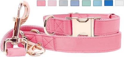 Soft Leather Dog Collar and Leash (6.6') Set - Stylish Rose Gold Heavy Duty Metal Buckle, 4 Adjustable Lengths Leash for Small Medium Large Dogs - Comfortable & Easy to Clean Dark Pink M(13.8"-19.7")