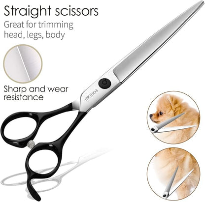 FOGOSP Professional 7.5" Dog Grooming Scissors Kit 4pcs, JP 440C Stainless Steel Curved Blender Straight Chunker Shears for Dog Cat and Pets (7.5 in Kit, Black)