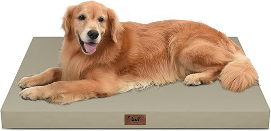 Tail Stories Outdoor All Weather XL Dog Bed, Waterproof Pet Bed for Extra Large Dogs, Orthopedic Egg Crate Foam with Removable Washable Oxford Cooling Cover, 44x32 Inch, Khaki