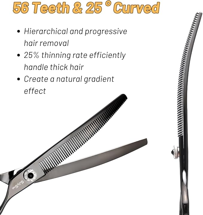 7.5inch Curved Thinner Dog Grooming Scissors, 56 Teeth Professional Dog Cutting Scissors, 25 Degree Bend High-end Shears for Pet Groomers or Family Use, with Symmetric Handle, Thinning Rate 25%, Black