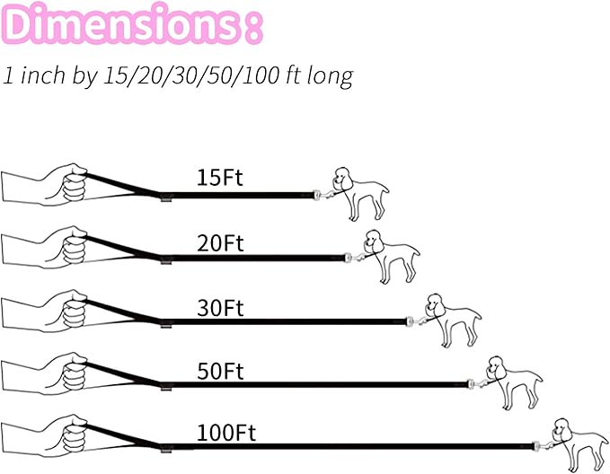 HIKISS Long Dog Leash Obedience Recall Training Agility Lead with Thickening Material for Large Dog - 15ft 20ft 30ft 50ft 100ft Training Leash(Pink 30ft)