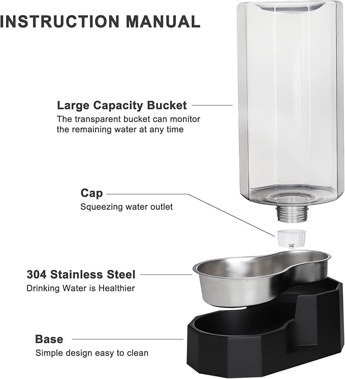 Sfozstra Large Dog Water Dispenser: 9L Automatic Black Water Feeder with Specialized Brush - Gravity Design for Multiple Pets in Garage Garden - Good for Spinal Health