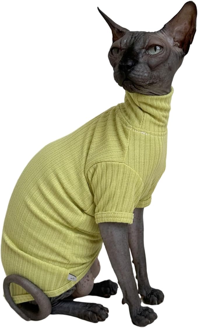 Sphynx Cats Shirt Cat Turtleneck Cotton Sweater Pullover Kitten T-Shirts with Sleeves Cat Pajamas Jumpsuit for Sphynx Cornish Rex, Devon Rex, Peterbald (Small, Green Yellow)