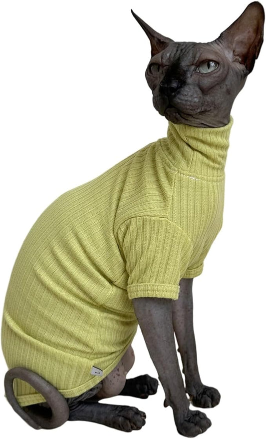 Sphynx Cats Shirt Cat Turtleneck Cotton Sweater Pullover Kitten T-Shirts with Sleeves Cat Pajamas Jumpsuit for Sphynx Cornish Rex, Devon Rex, Peterbald (Medium (Pack of 1), Green Yellow)