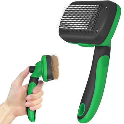 Dipoo Self Cleaning Deshedding Brush for Dogs & Cats - Skin Friendly Grooming Tool with Hair Removal for Haired Pets, Green