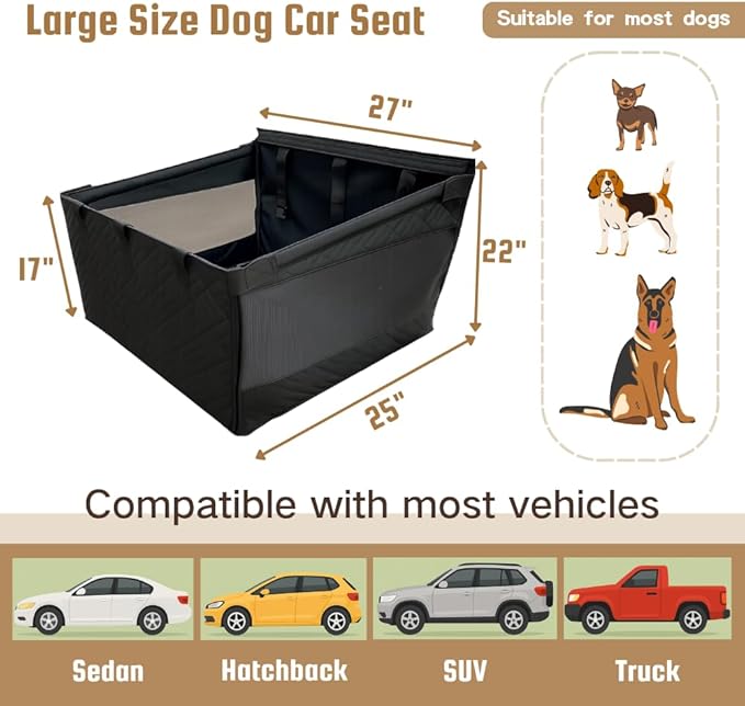 Large Dog Car Seat with Adjustable Seatbelt Leash, PU Leather Back Seat Extender for Dogs with Hard Bottom Pet Seat Cover, Waterproof Foldable Car Hammock for Medium Large Dogs for SUVs, Trucks & Cars