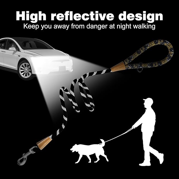 lynxking Rope Dog Leash 6 FT with Comfortable Padded Handle, Highly Reflective Threads Leash for Small Medium Large Dogs (Black, 2PCS Large 1/2in x 6ft-Rope Clasp)