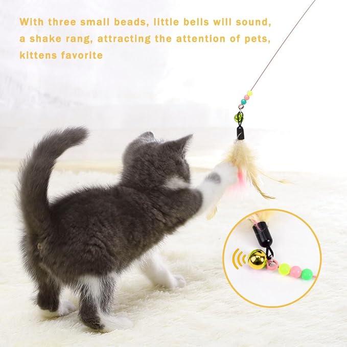 Sanpink 40 Pack Cat Feather Toy Wand, Interactive Pet Kitten Chaser Teaser Wire Wand with Bell Beads for Cat Exercise Play Fun Gifts - Wholesale