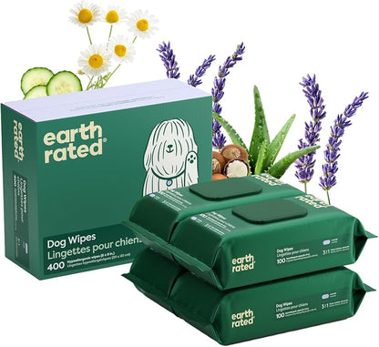 Earth Rated Dog Wipes, Hypoallergenic, Cleaning and Hydrating, for Grooming Paws, Body and Butt, Lavender Scented, 400 Count