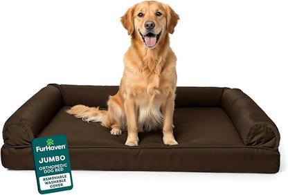 Furhaven Orthopedic Dog Bed for Large Dogs w/ Removable Bolsters & Washable Cover, For Dogs Up to 95 lbs - Plush & Suede Sofa - Espresso, Jumbo/XL