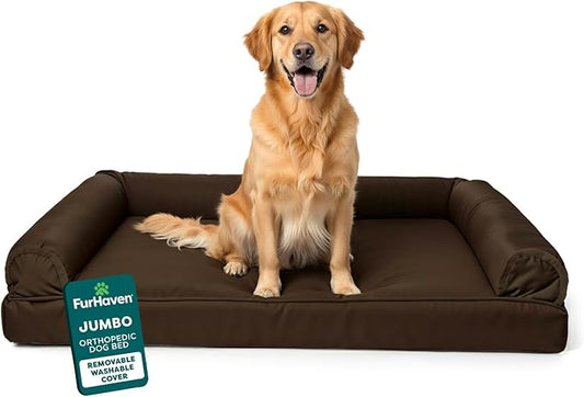 Furhaven Orthopedic Dog Bed for Large Dogs w/ Removable Bolsters & Washable Cover, For Dogs Up to 95 lbs - Plush & Suede Sofa - Espresso, Jumbo/XL