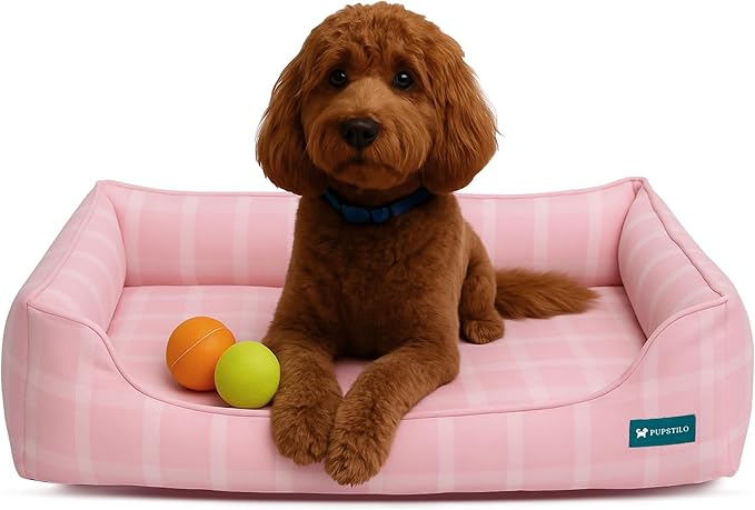 Pupstilo Orthopedic Bolster Dog Bed – CertiPUR-US Foam, Recycled Polyester Canvas, Washable Cover, Anti-Slip Bottom, Large, Pink Check – Stylish Designer Dog Sofa