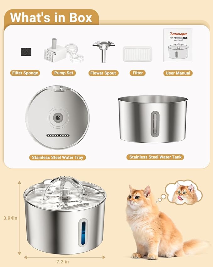 Cat Water Fountain Stainless Steel - 74oz/2.2L Pet Gift Dog Water Dispenser Automatic Silent Cats Dispenser for Drinking Indoor Metal Kitty Spout Fountains with 3 Filters & 3 Sponges Cat Dogs Gifts