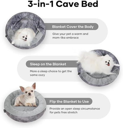 Cozy Soft Dog Bed with Hooded Blanket Warm Calming Cat Cave for Small Medium Dogs and Cats, Non-Slip Bottom & Machine Washable Pet Beds, Grey 23x23x6″