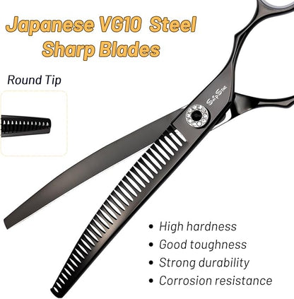 7.5inch Curved Chunker Dog Grooming Scissors, 35 Teeth Professional Dog Cutting Scissors, 25 Degree Bend High-end Shears for Pet Groomers or Family Use, with Symmetric Handle, Thinning Rate 65%, Black