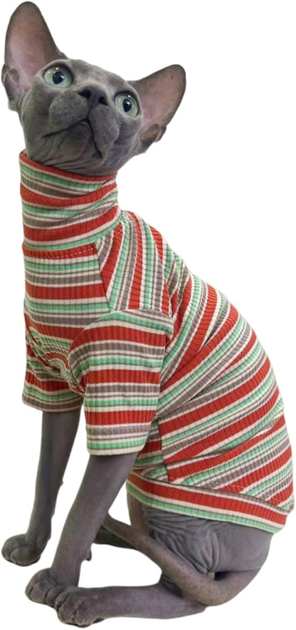 Turtle Neck Vintage Stripes Sphynx Hairless Cat Cotton T-Shirts Pet Clothes Vest Kitten Shirts Sleeveless, Cats & Small Dogs Apparel (Autumn, L (7-8.8 lbs))