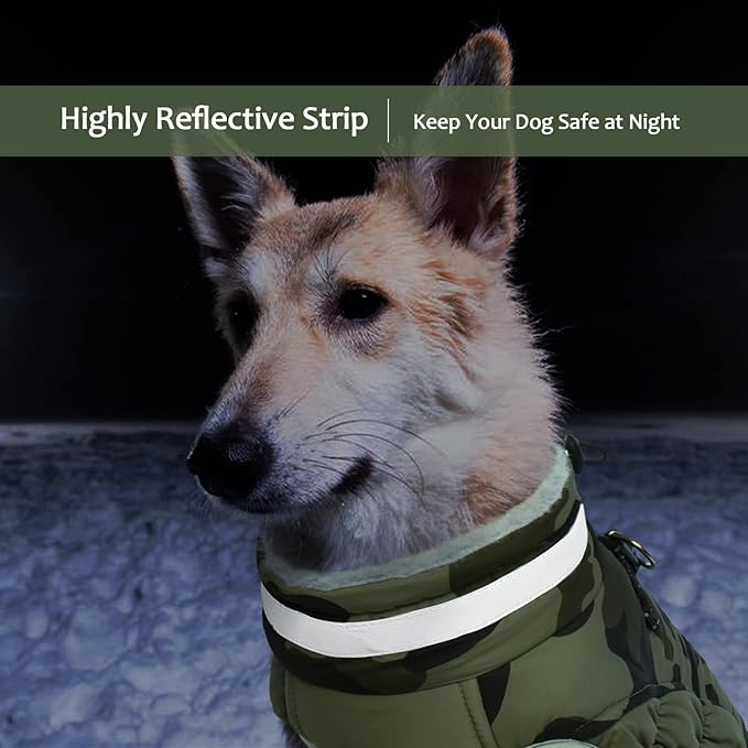 Lelepet Dog Coat Warm Dog Winter Coat Waterproof Dogs Jacket with Harness Built in Reflective Pet Fleece Vest Zip-Up Cold Weather Coats for Large Dogs Turtleneck & Windproof Coats Boxer Green Camo XL