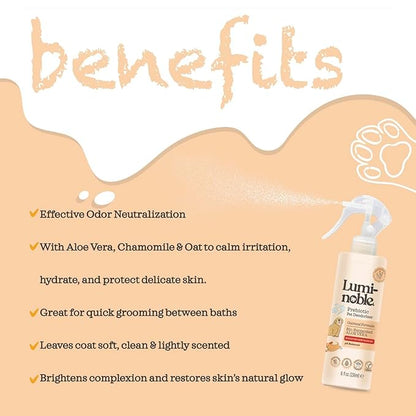 Prebiotic Dog Deodorizer Spray Perfume, Vanilla & Oatmeal Scented, Hypoallergenic Skin Care, Alcohol-Free Odor Remover for Dogs, Prebiotic Formula to Refresh & Hydrate Sensitive Skin & Coat, 8oz