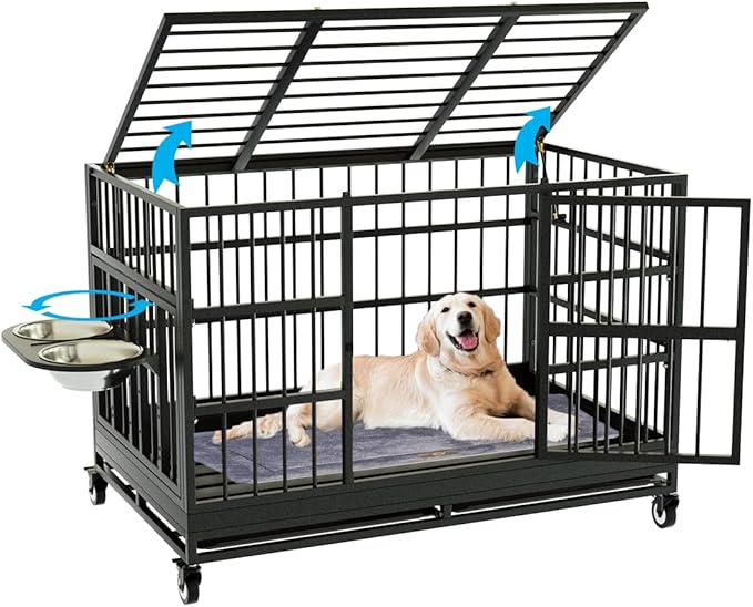 Snuowu 48 Inch Heavy Duty Dog Crate with Wheels and Unique Air Lift Rod, Folding Metal Big Dog Cage for Large Dogs, Extra Large XL XXL Indestructible Dog Crate with Removable Tray.