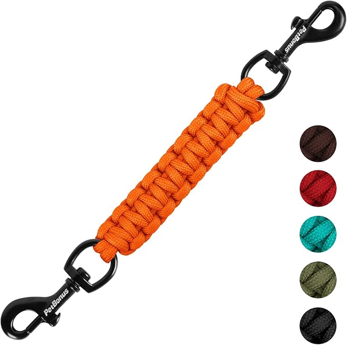 PetBonus Dog Collar Safety Clip, Handmade Backup Safety Strap for Dog Harness, Prong, Pinch Collar, Double Ended Clasp Leash Connector (Orange)