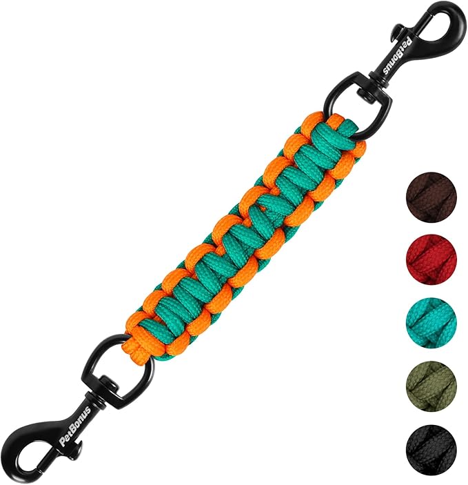PetBonus Dog Collar Safety Clip, Handmade Backup Safety Strap for Dog Harness, Prong, Pinch Collar, Double Ended Clasp Leash Connector (Turquoise, Orange)