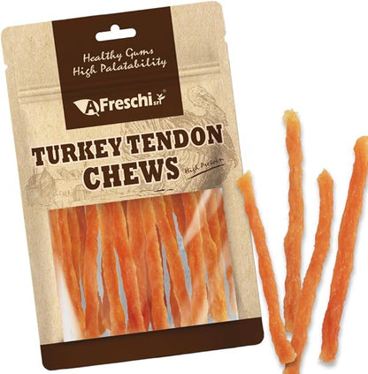 A Freschi srl Turkey Tendons for Dogs, USA-Sourced, Healthy Dog Treats, Rawhide-Free Puppy Chews, All Natural, Hypoallergenic Dog Treats, Soft Strips with Pumpkin, 3.5 oz Pack