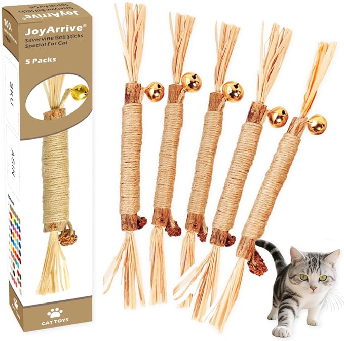 JoyArrive Natural Dried Matatabi Cat Chew Stick with Gall Fruit, Raffia Grass & Bell Cat Ball Toys, Handmade Silvervine Sticks Interactive Catnip Toy for Teething & Entertainment (Size M Color A)