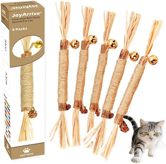 JoyArrive Natural Dried Matatabi Cat Chew Stick with Gall Fruit, Raffia Grass & Bell Cat Ball Toys, Handmade Silvervine Sticks Interactive Catnip Toy for Teething & Entertainment (Size M Color A)