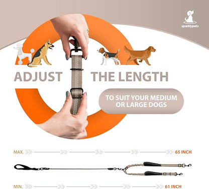 SparklyPets - Double Dog Bungee Rope Leash - Dual Dog Lead for Medium and Large Breeds - Padded Handles, No Tangle - Flow Leash, 2 Dogs Walking Accessory