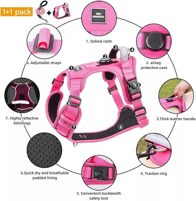 Airtag Dog Harness Chest Plate Reflective No Pull Harness with Leash for Extra Large Dogs (Fuchsia, M)