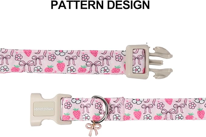 Lionet Paws Spring Dog Collar- Cute Strawberry Pink Dogs Collar with Plastic Buckle and Bowtie Pendant,Dog Collar for Medium Large Dogs