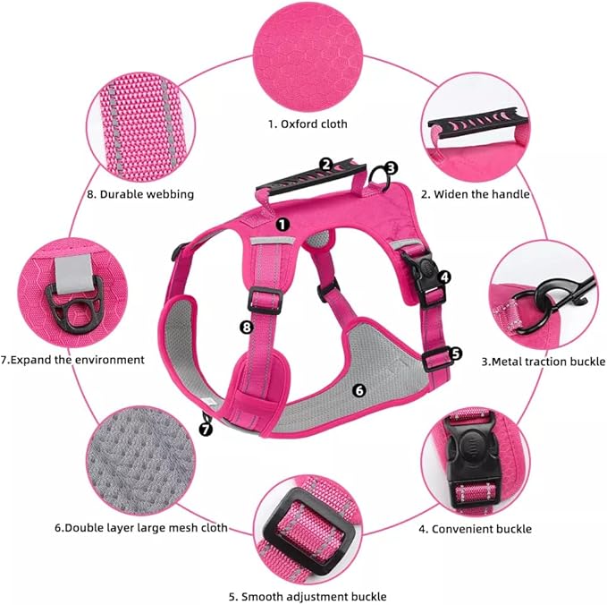 Dog Harness No Pull Adjustable Reflective,for Medium and Large Small Dog with Leash 59.06in (Fuscia, XS)
