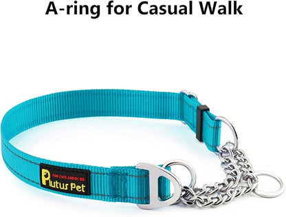 Plutus Pet Martingale Dog Collar with Stainless Steel Chain and Reflective Nylon, Adjustable No Pull Training Collar, for Small Medium, and Large Dogs, Cyan, S