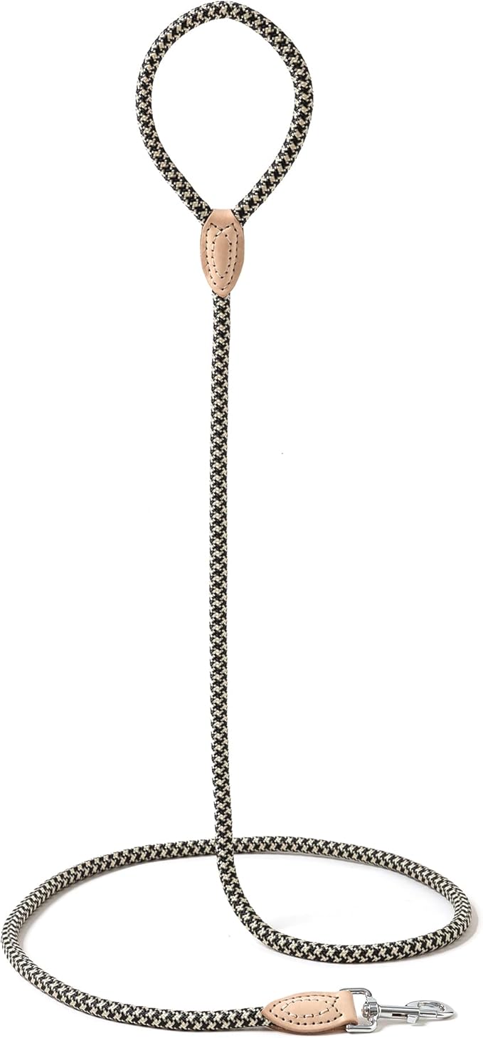 Mile High Life Rope Leash with Genuine Leather Connection, 6 FT/5 FT/4 FT, Heavy Duty Leash for Small Medium & Large Dogs(Black Khaki,72 Inch)