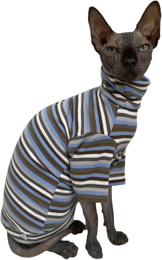 Vintage Stripes Sphynx Hairless Cats Shirt Cotton Cat Turtleneck Pet Clothes Kitten T-Shirts with Sleeves for Sphynx Cats (Storm, XX-Large)