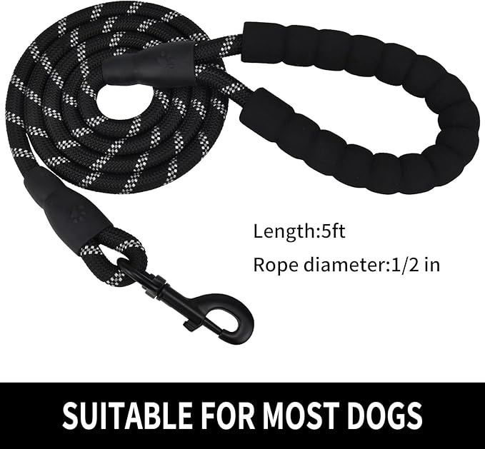 Panykoo 5/6 FT Strong Pet Dog Leash with Soft Padded Handle,Highly Reflective Rope for Night Walking,360-Degree Rotating Metal Buckle Without Tangles,Suitable for Small,Medium and Large Dogs.(5ft)